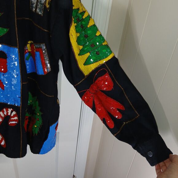 VINTAGE MODI DENIM Sequin Christmas Holiday Ugly Sweater Jacket L 10/12 80s 90s - Picture 11 of 16